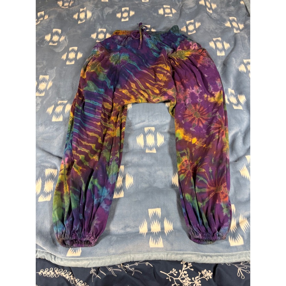 Womens Tie Dye Harem Pants Purple Multicolor Cotton Drop Crotch Genie Festival